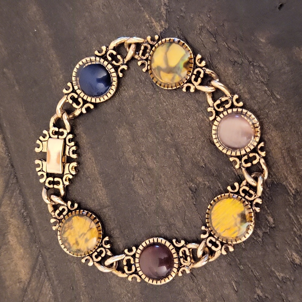 Vintage Ornate (Intricate) Faux Tigers Eye, Abalone Gold Link Bracelet - Picture 3 of 13